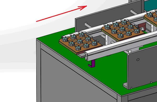 Step1.Put the fixture with the product into the belt on the left side of the feeder to carry on the material (can also connect the front automatic SMT line by SMEMA), the distance between the two fixtures is not less than 50mm.